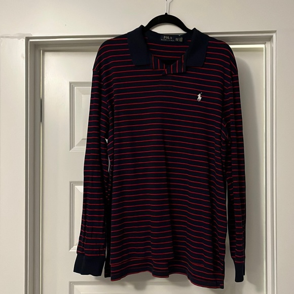 Men’s Blue & Red Stripped Long Sleeve Polo - Picture 1 of 1